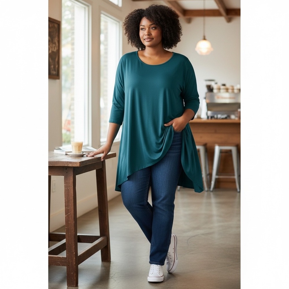 Alfani Womens 3X Teal Green High Low Tunic Top 3/4 Sleeve Scoop Neck Stretch‎